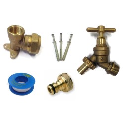 Garden Tap Kit with Elbow Wall Plate, Hoselock Connector, PTFE Tape and Screws Garden Tap Kit with Elbow Wall Plate, Hoselock Connector, PTFE Tape and Screws