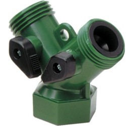 Dual Garden Hose Shut-Off Tap 3/4" Female x 3/4" Male x 3/4" Male Garden Hose Threads Dual Garden Hose Shut-Off Tap 3/4" Female x 3/4" Male x 3/4" Male Garden Hose Threads